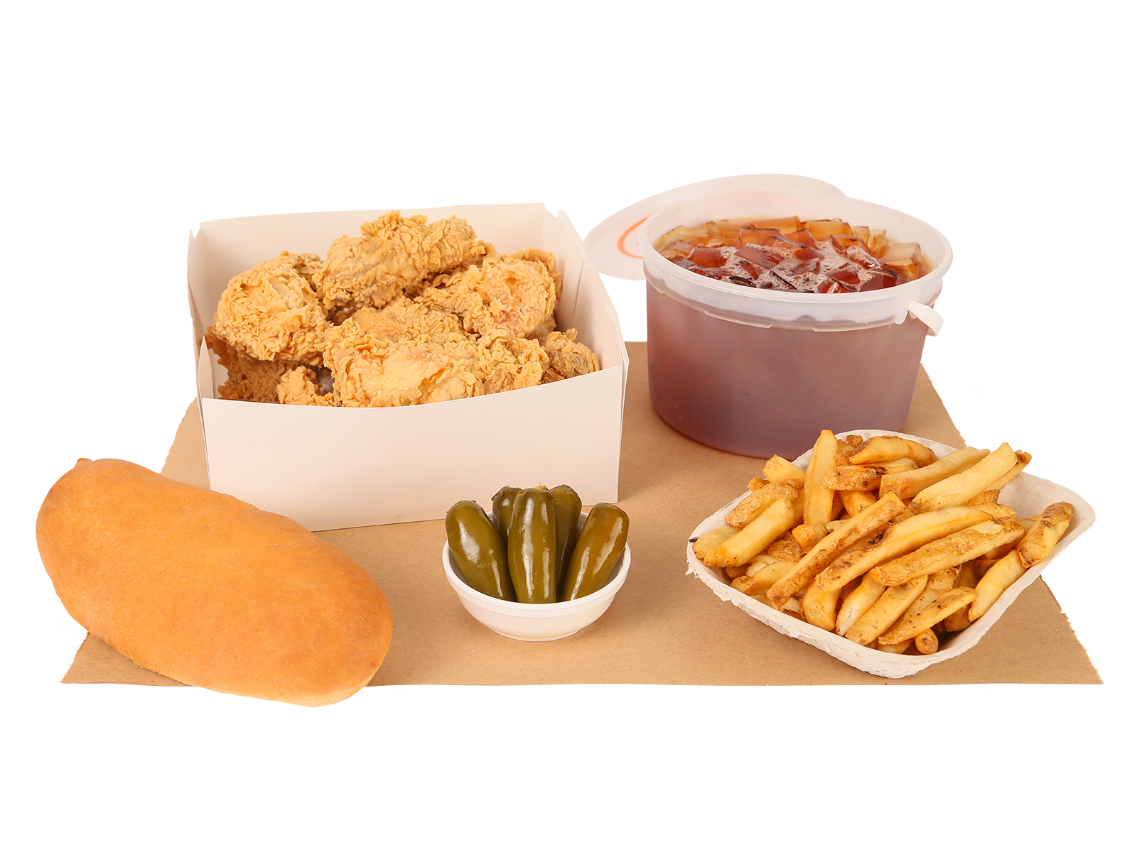 10 PC. Fried Chicken served with french fries, five jalapenos, french loaf, & bucket of tea