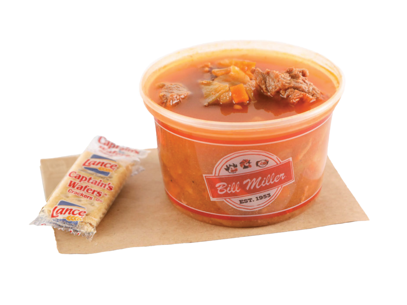 Pint of vegetable beef soup served with a cracker packet on brown butcher paper