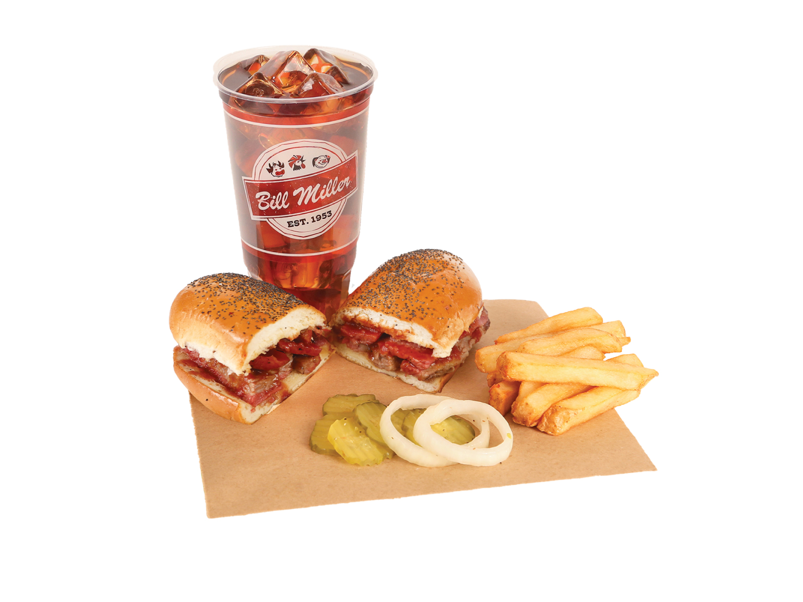 Image of a wild bill combo with fries, pickles, onions, and an iced tea on a brown butcher paper