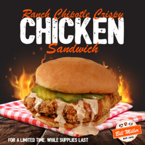 Ranch chipotle crispy chicken sandwich. Find your nearest location button. For a limited time. While supplies last. Image includes ranch chipotle crispy chicken sandwich with pickles placed on a red gingham pattern napkin. Background image in flames behind the ranch chipotle crispy chicken sandwich.