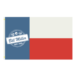 Bill Miller red, white, and blue Texas Flag with the Bill Miller logo.