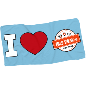 Image of a blue beach towel with "I heart Bill Miller logo"