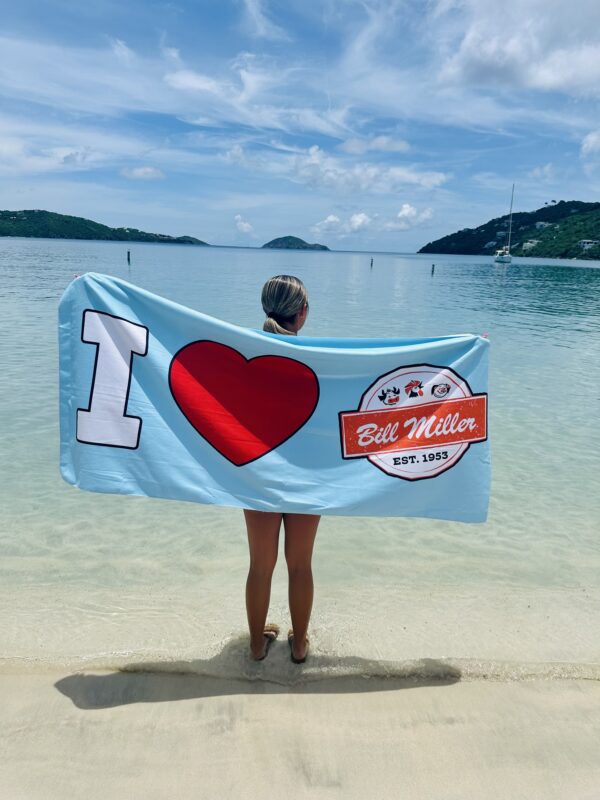 Image of someone holding up beach towel in front of beach