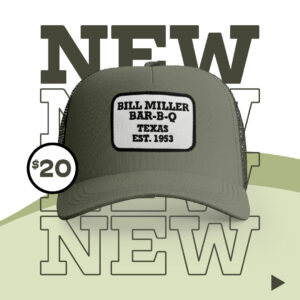 Image includes Bill Miller green hat. Background text reads, “NEW” on repeat. $20 price sticker.