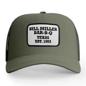 Green hat with a Bill Miller Bar-B-Q patch.