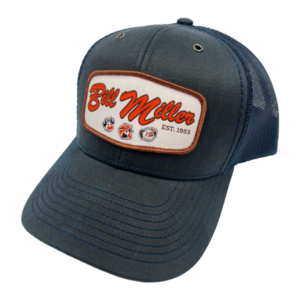 Navy blue trucker hat with a Bill Miller Bar-B-Q patch.